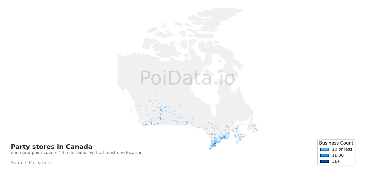 Party store density map for New Brunswick, Canada