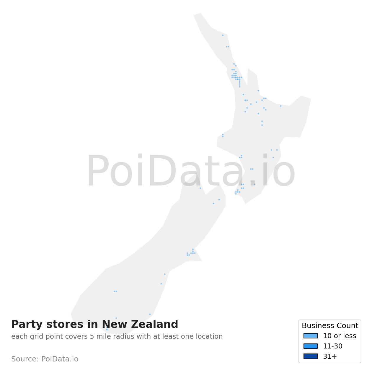 Party store density map for New Zealand
