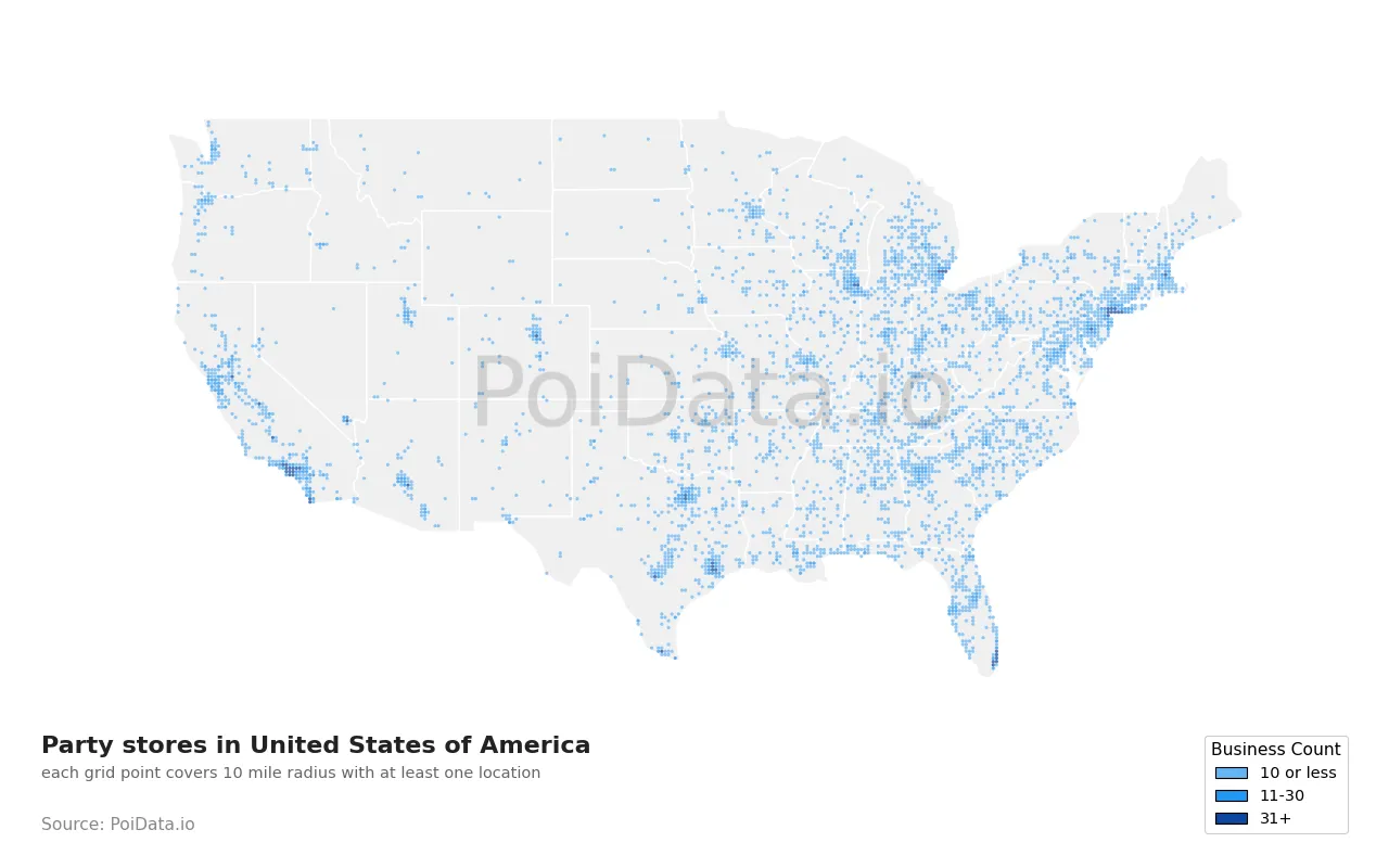 Party store density map for United States