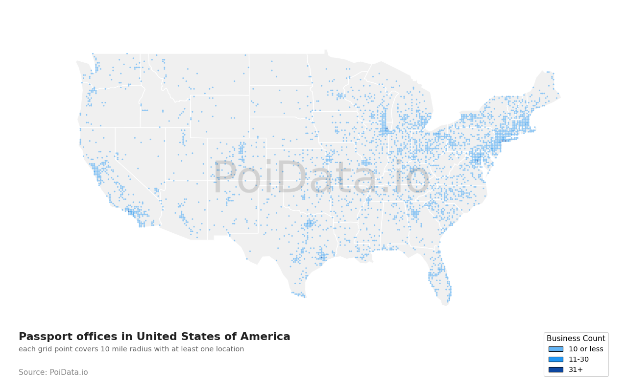 Passport office density map for Texas, United States