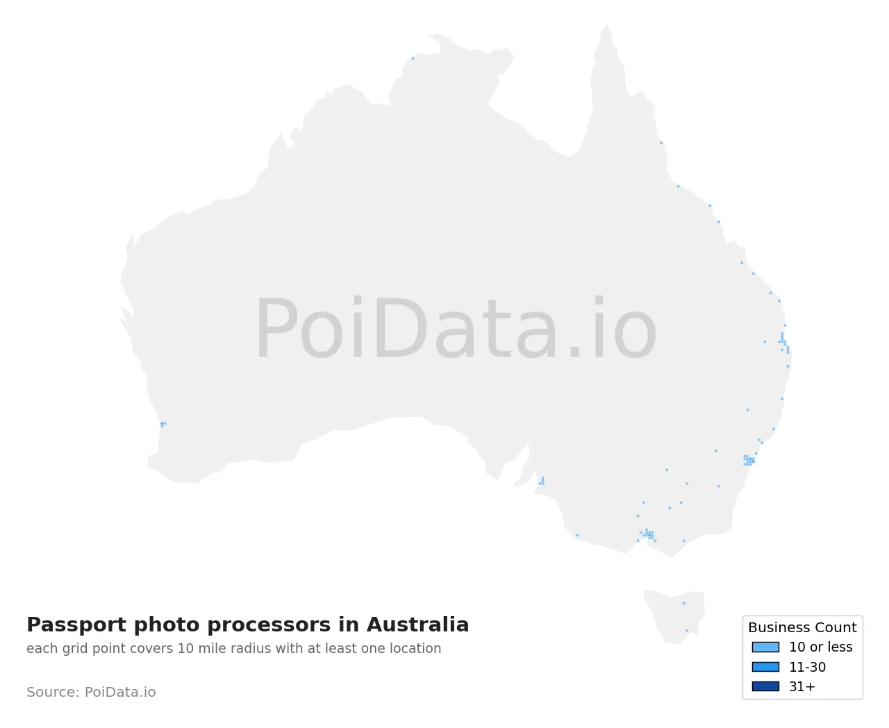 Passport photo processor density map for Australia