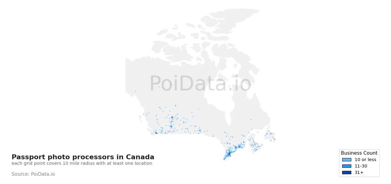Passport photo processor density map for Canada