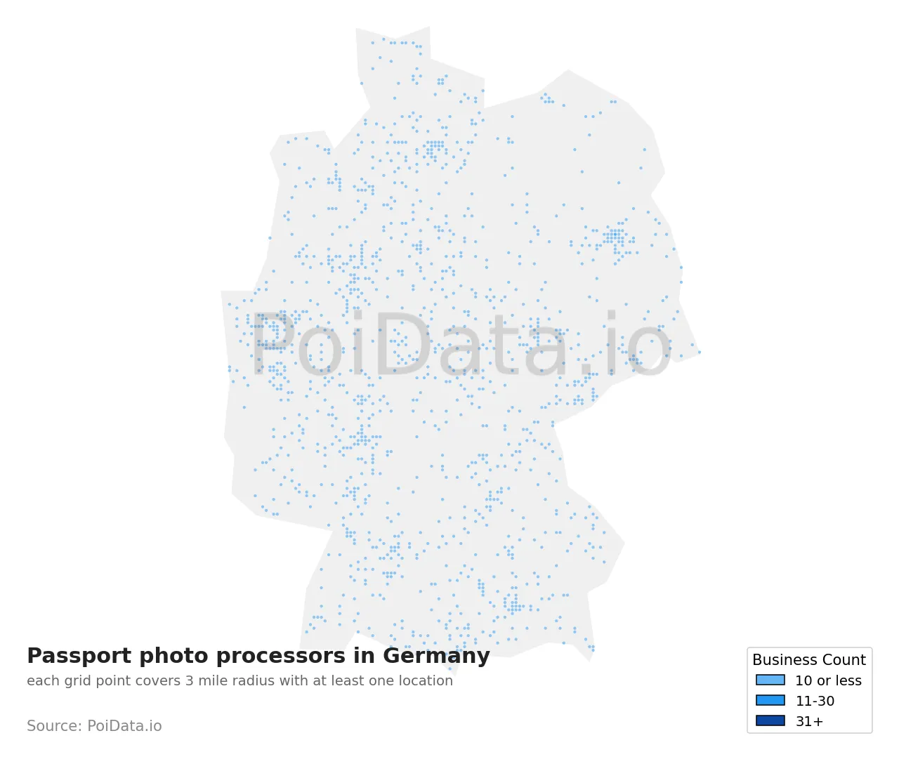 Passport photo processor density map for Germany