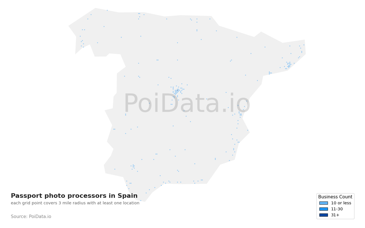 Passport photo processor density map for Spain