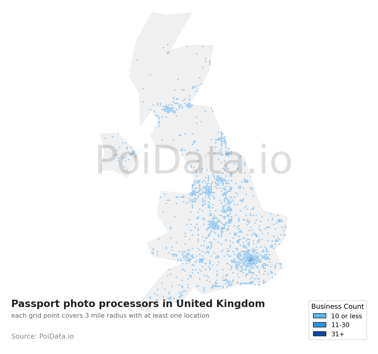 Passport photo processor density map for United Kingdom