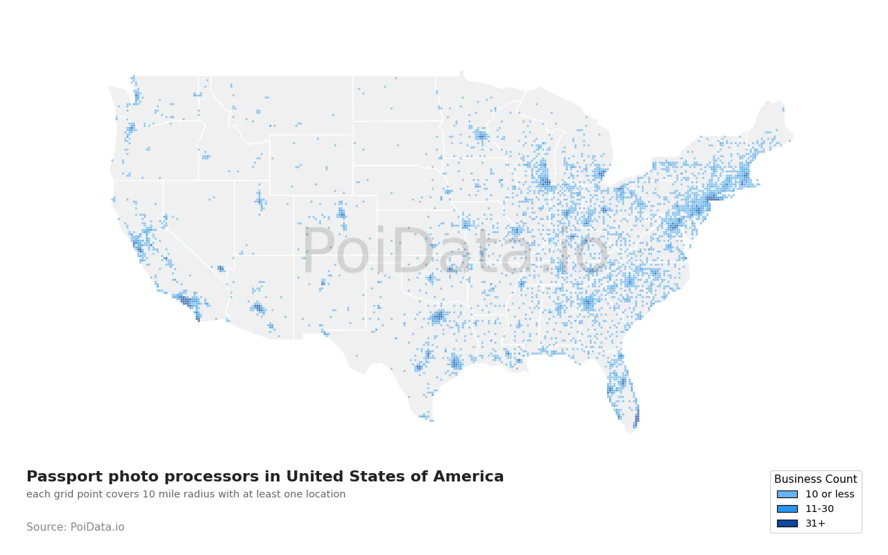 Passport photo processor density map for United States