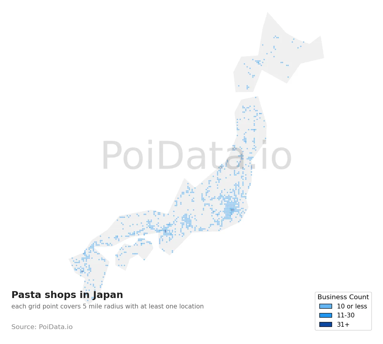 Pasta shop density map for Japan