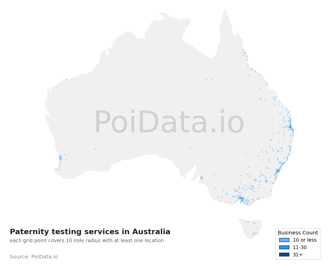 Paternity testing service density map for New South Wales, Australia