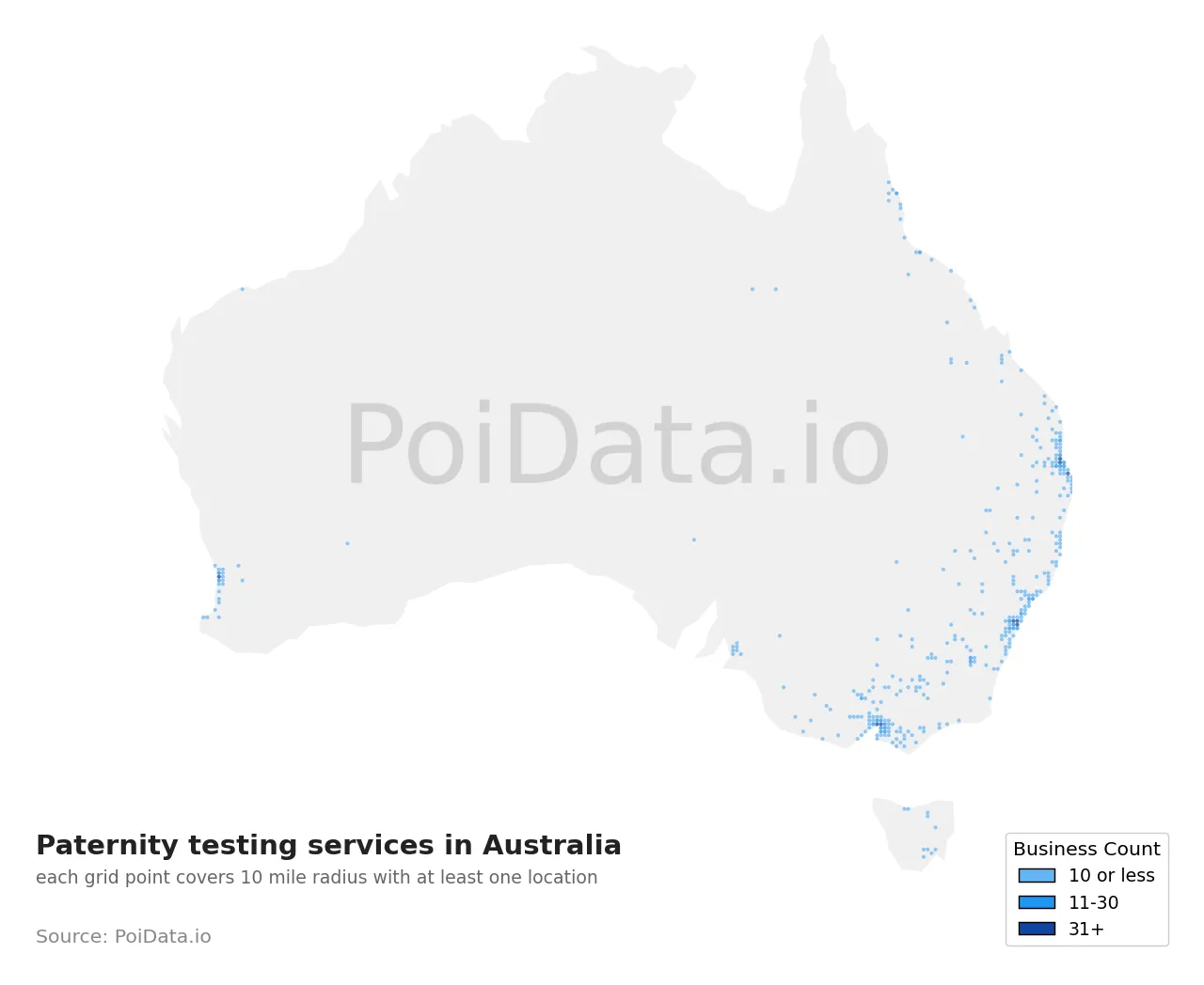 Paternity testing service density map for Australia