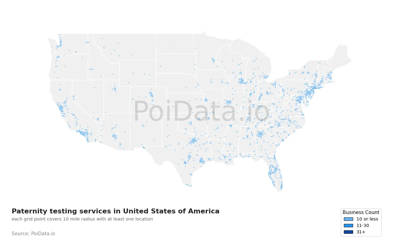 Paternity testing service density map for United States