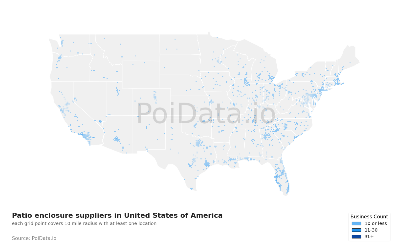 Patio enclosure supplier density map for Indiana, United States