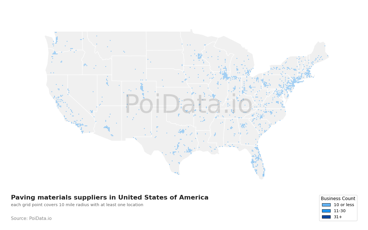Paving materials supplier density map for United States