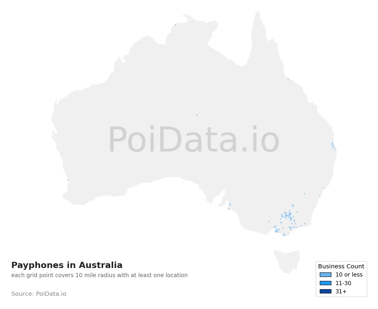 Payphone density map for Australia