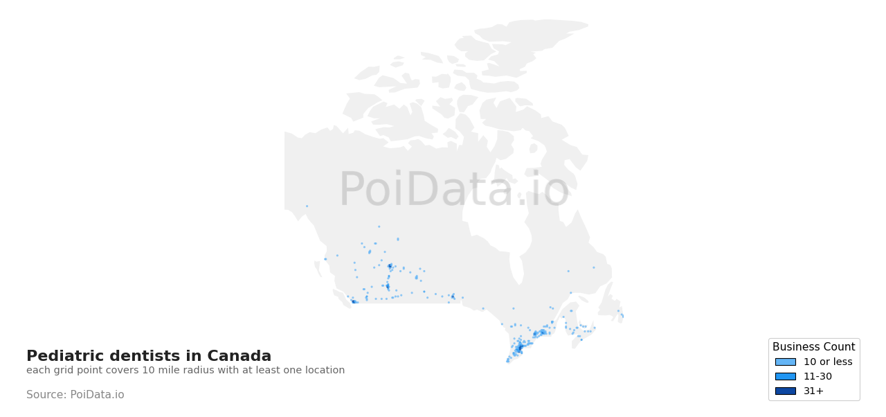 Pediatric dentist density map for Canada
