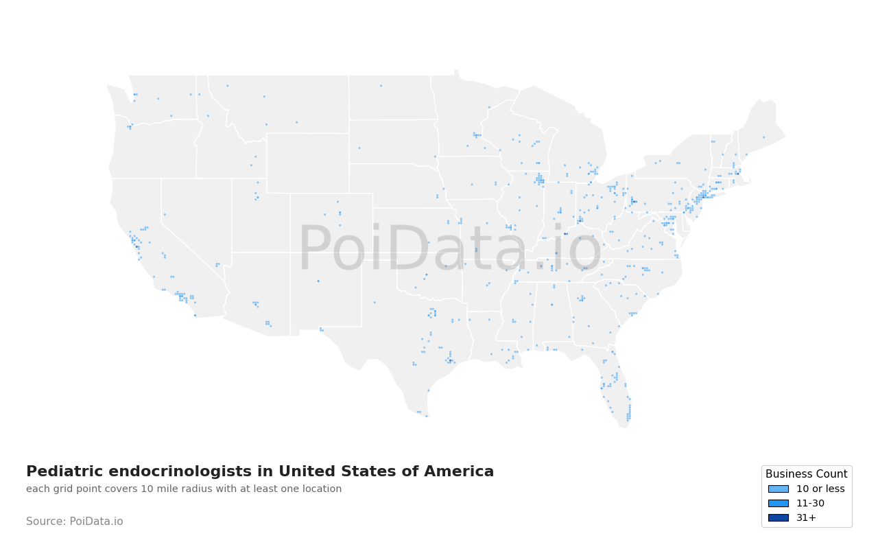 Pediatric endocrinologist density map for Pennsylvania, United States
