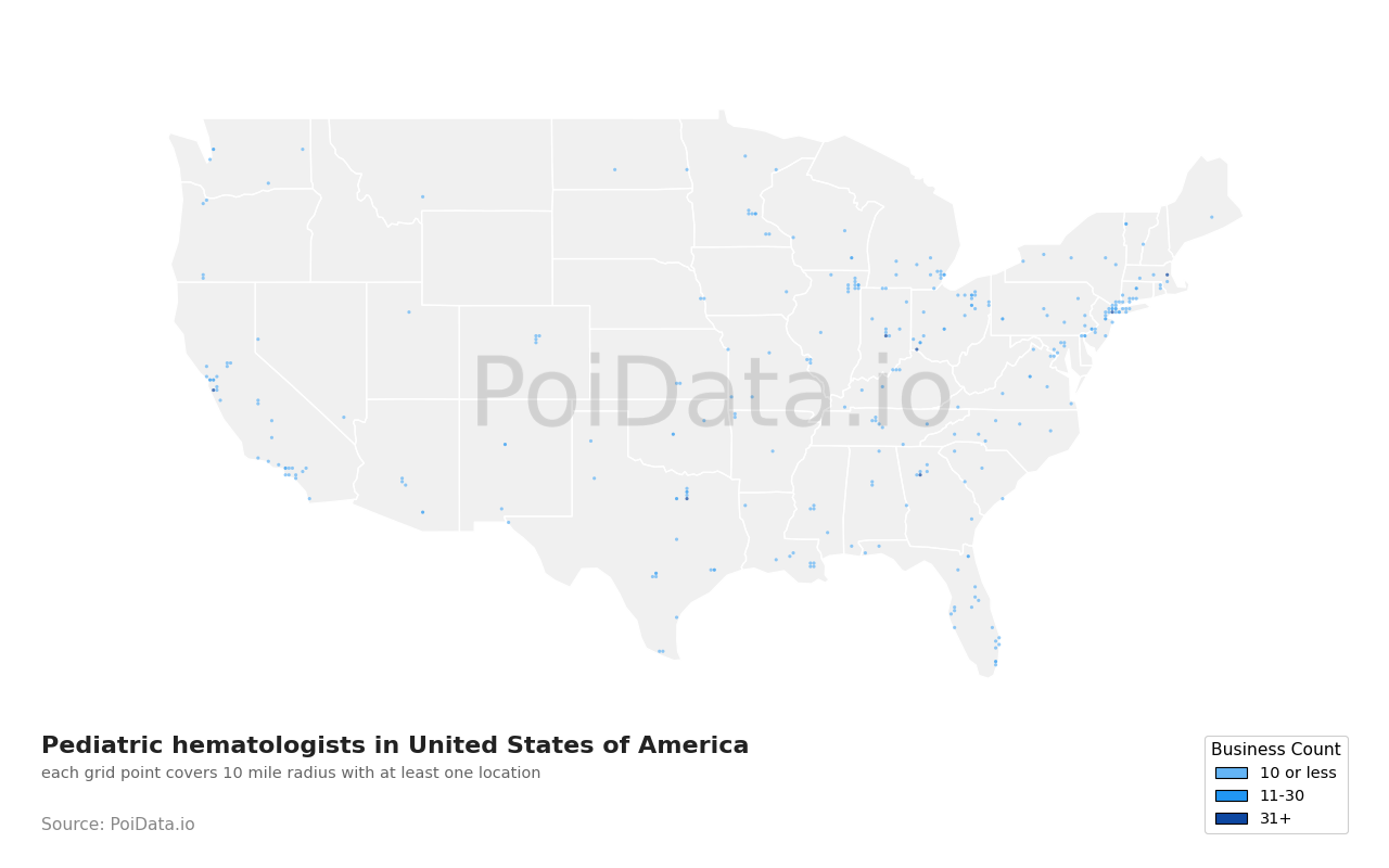 Pediatric hematologist density map for United States