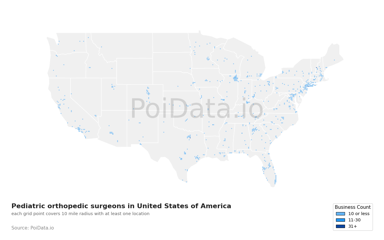 Pediatric orthopedic surgeon density map for North Carolina, United States