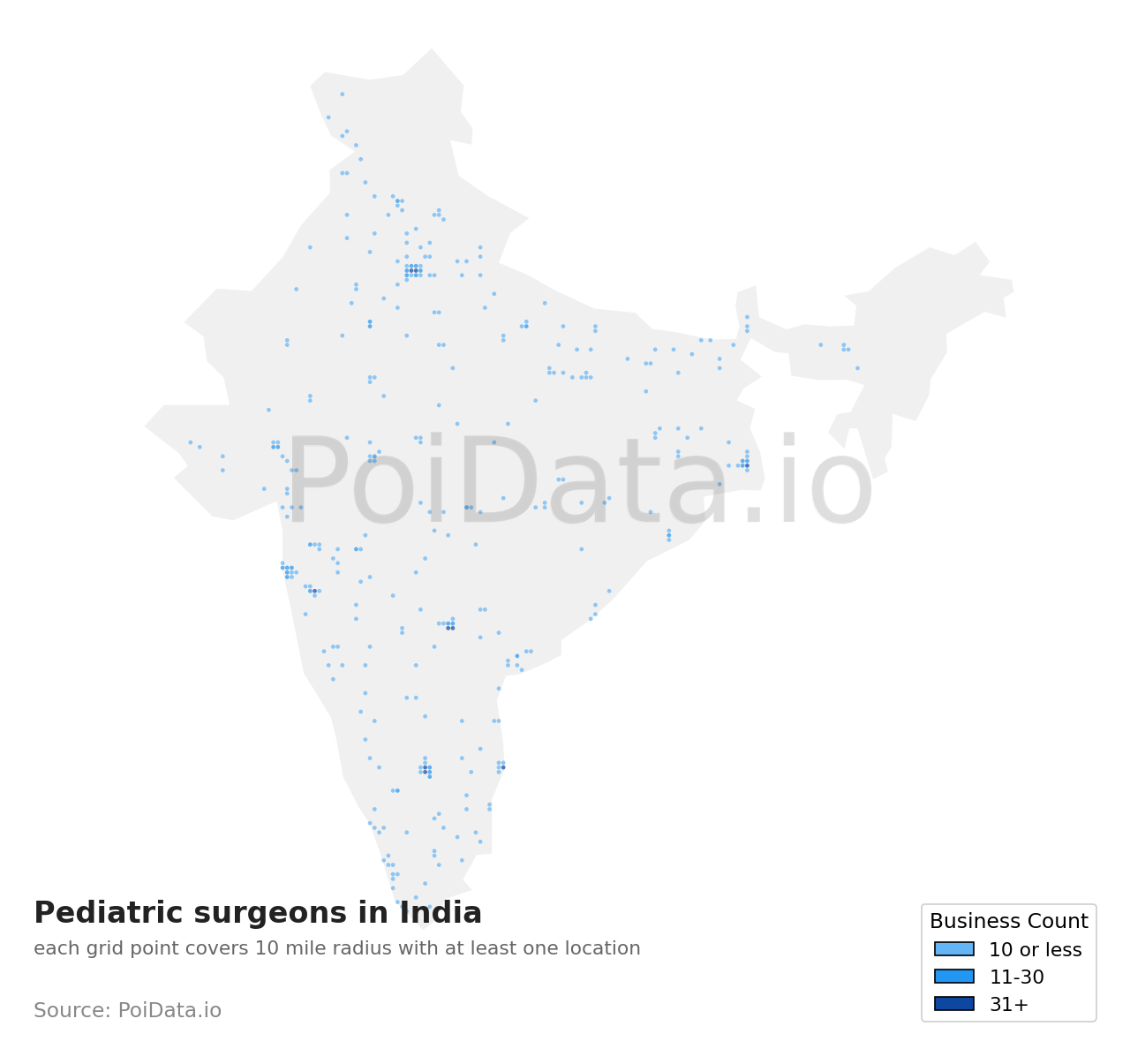 Pediatric surgeon density map for India