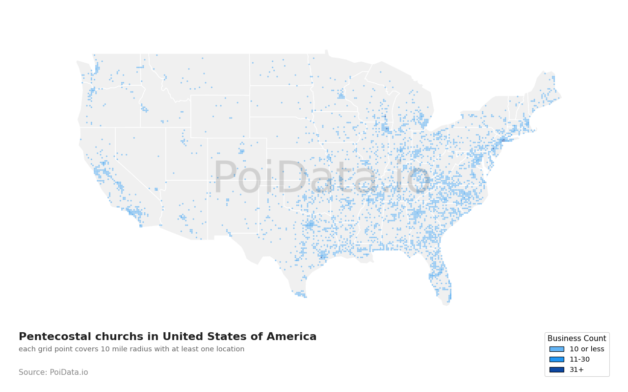 Pentecostal church density map for California, United States