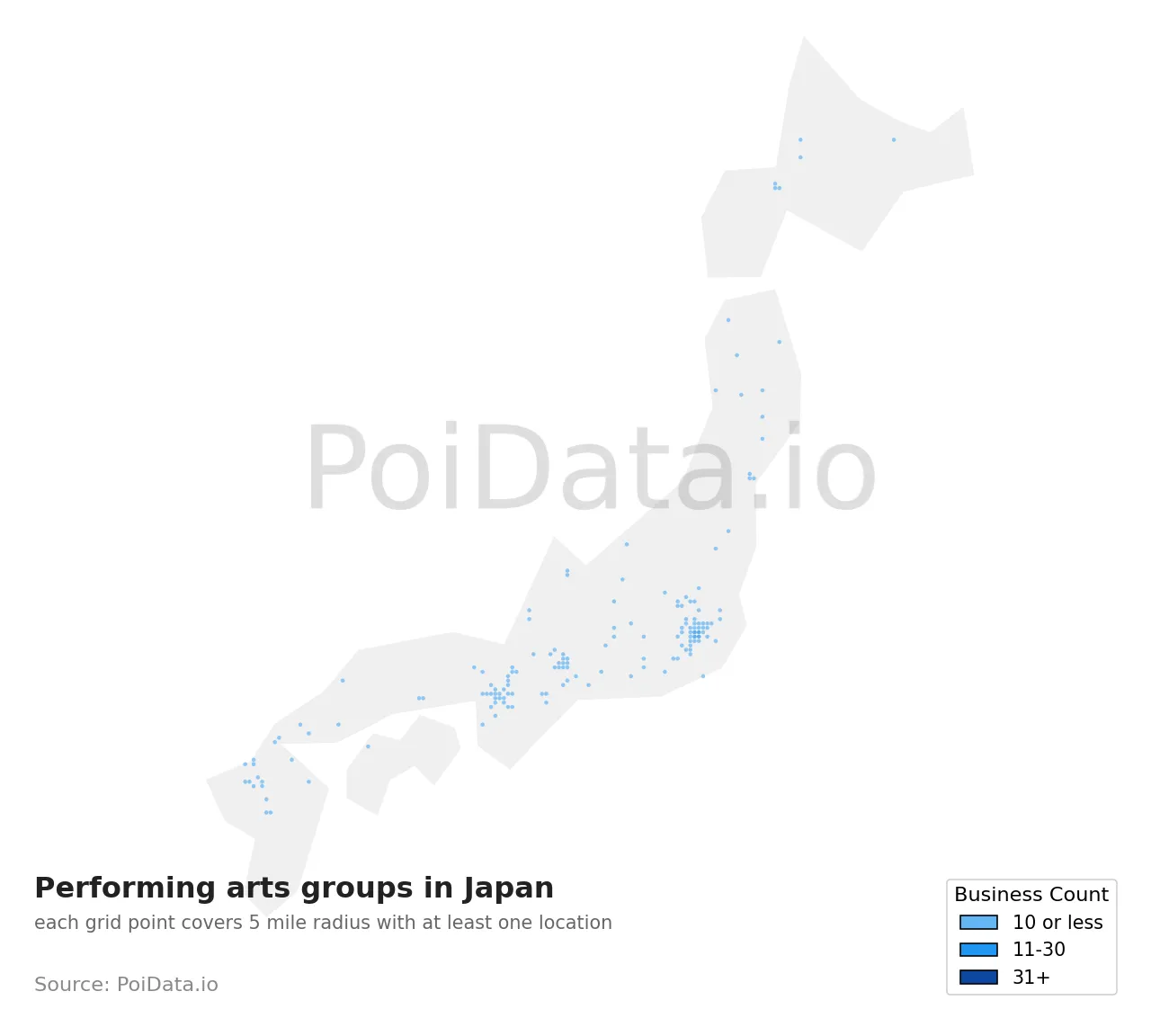 Performing arts group density map for Japan