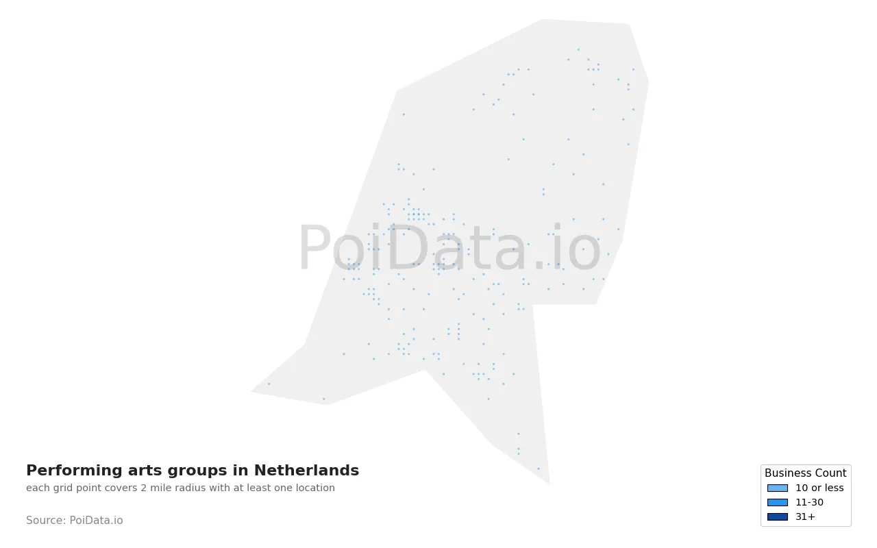 Performing arts group density map for Netherlands