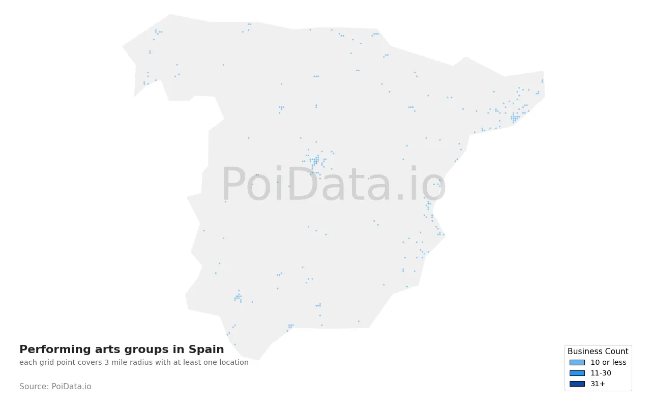 Performing arts group density map for Spain