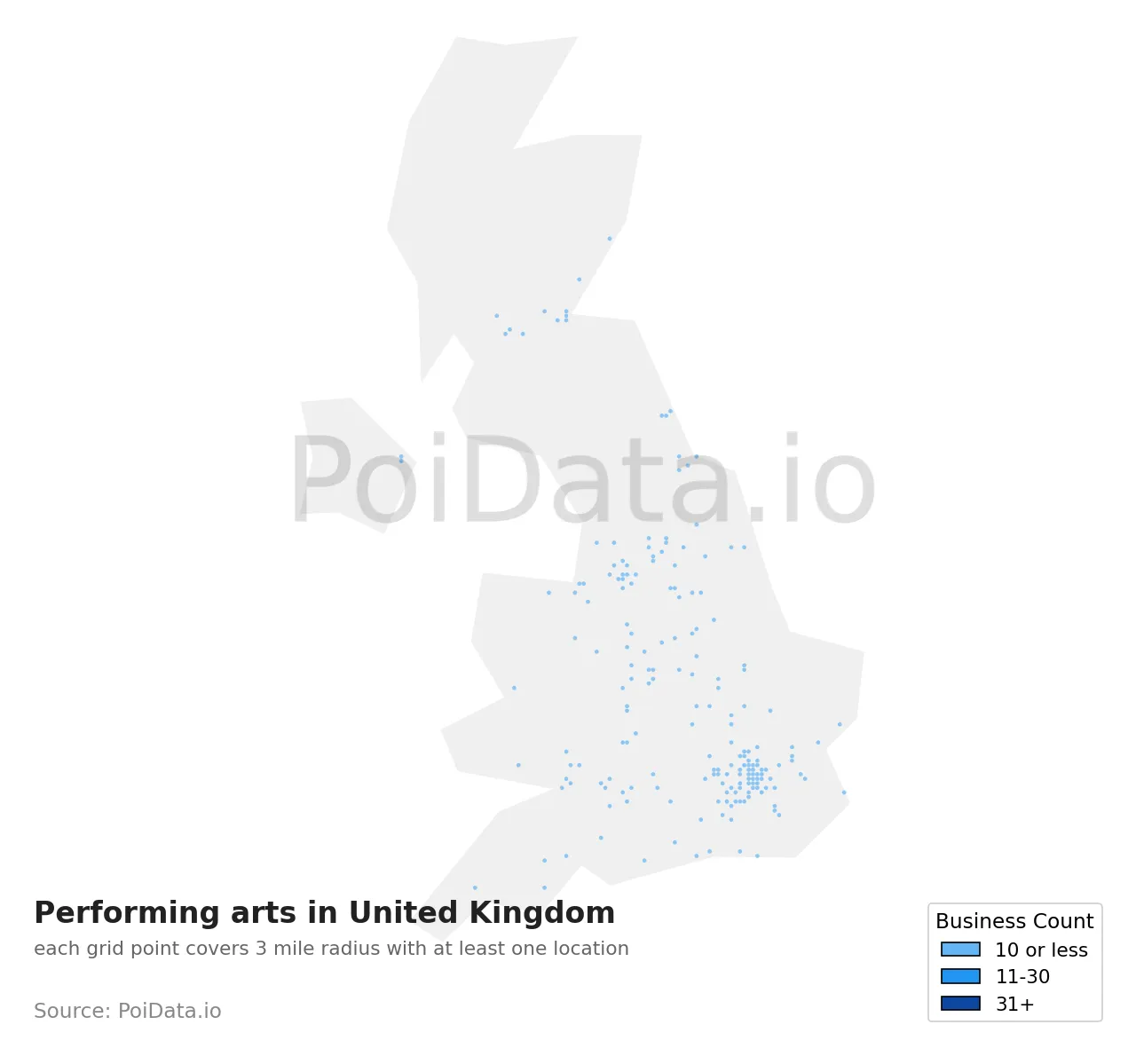 Performing arts density map for United Kingdom