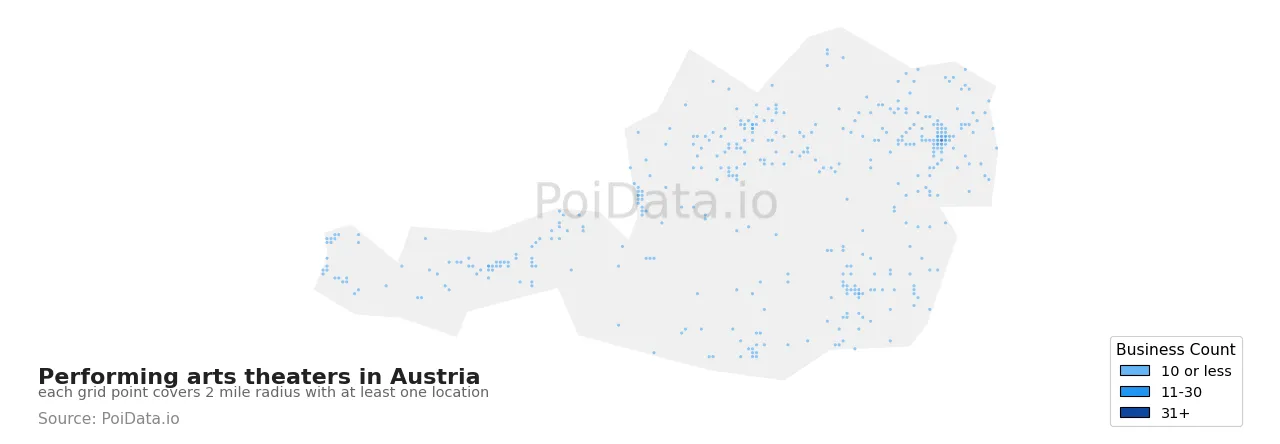 Performing arts theater density map for Austria