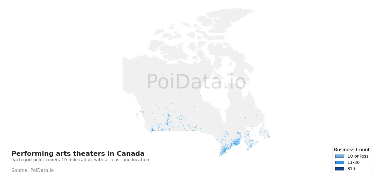 Performing arts theater density map for Canada