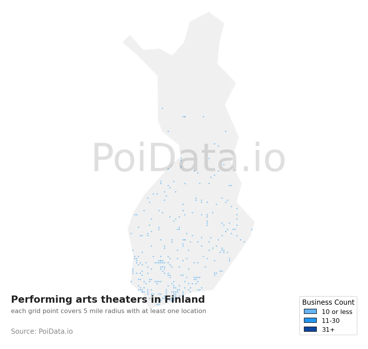 Performing arts theater density map for Finland
