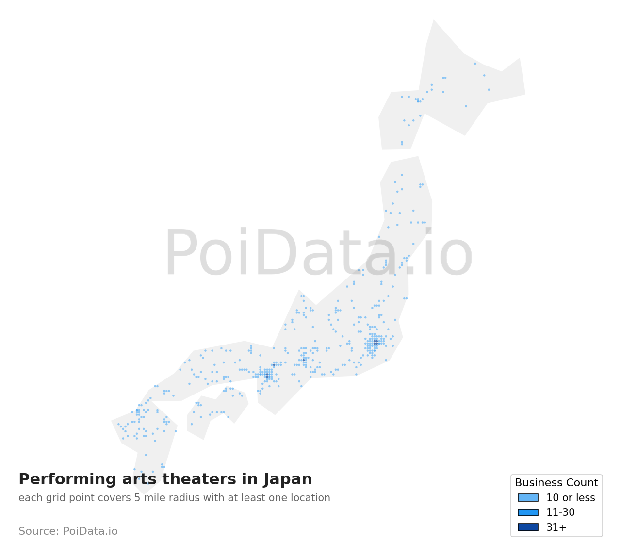 Performing arts theater density map for Tokyo, Japan