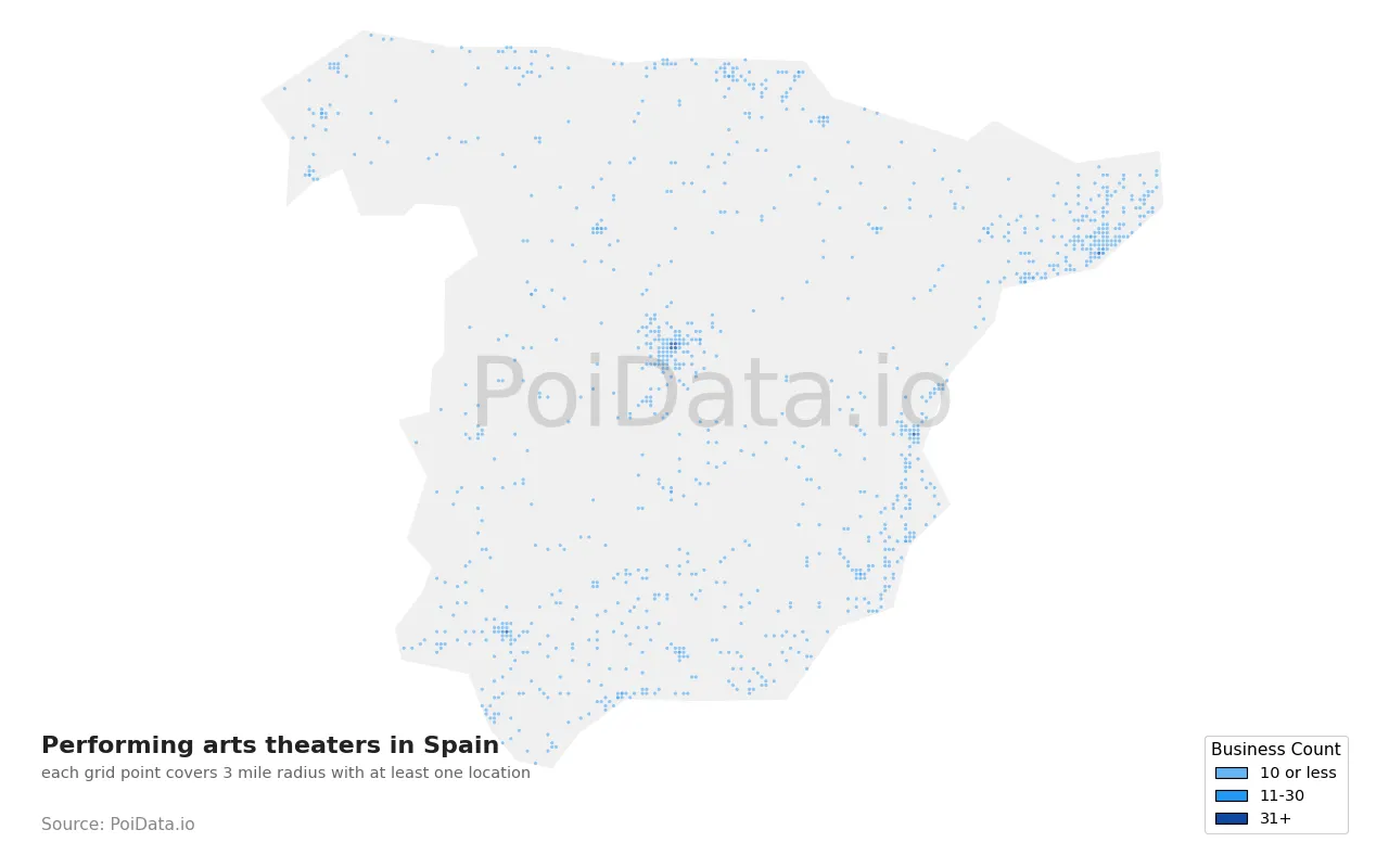 Performing arts theater density map for Spain