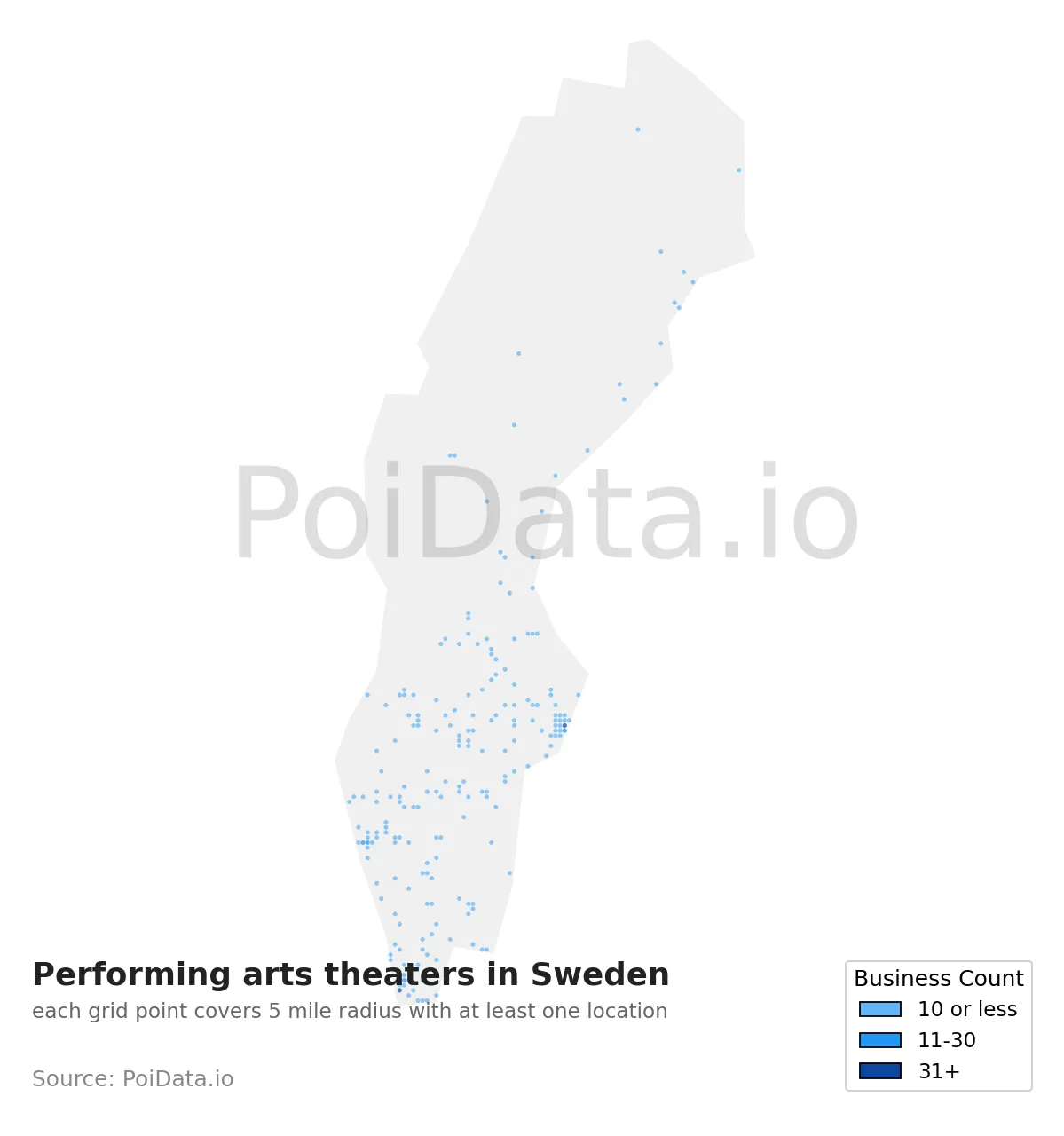 Performing arts theater density map for Sweden
