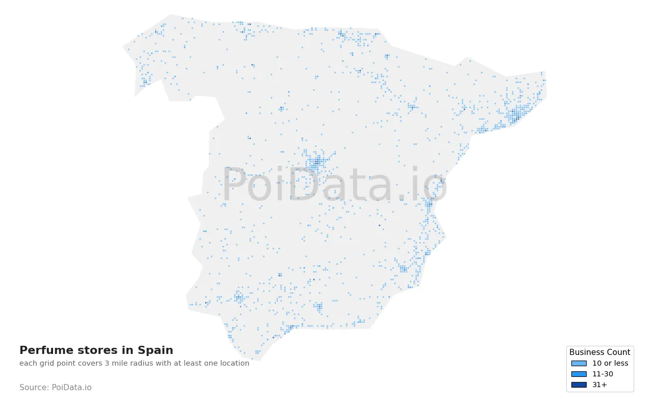 Perfume store density map for Spain