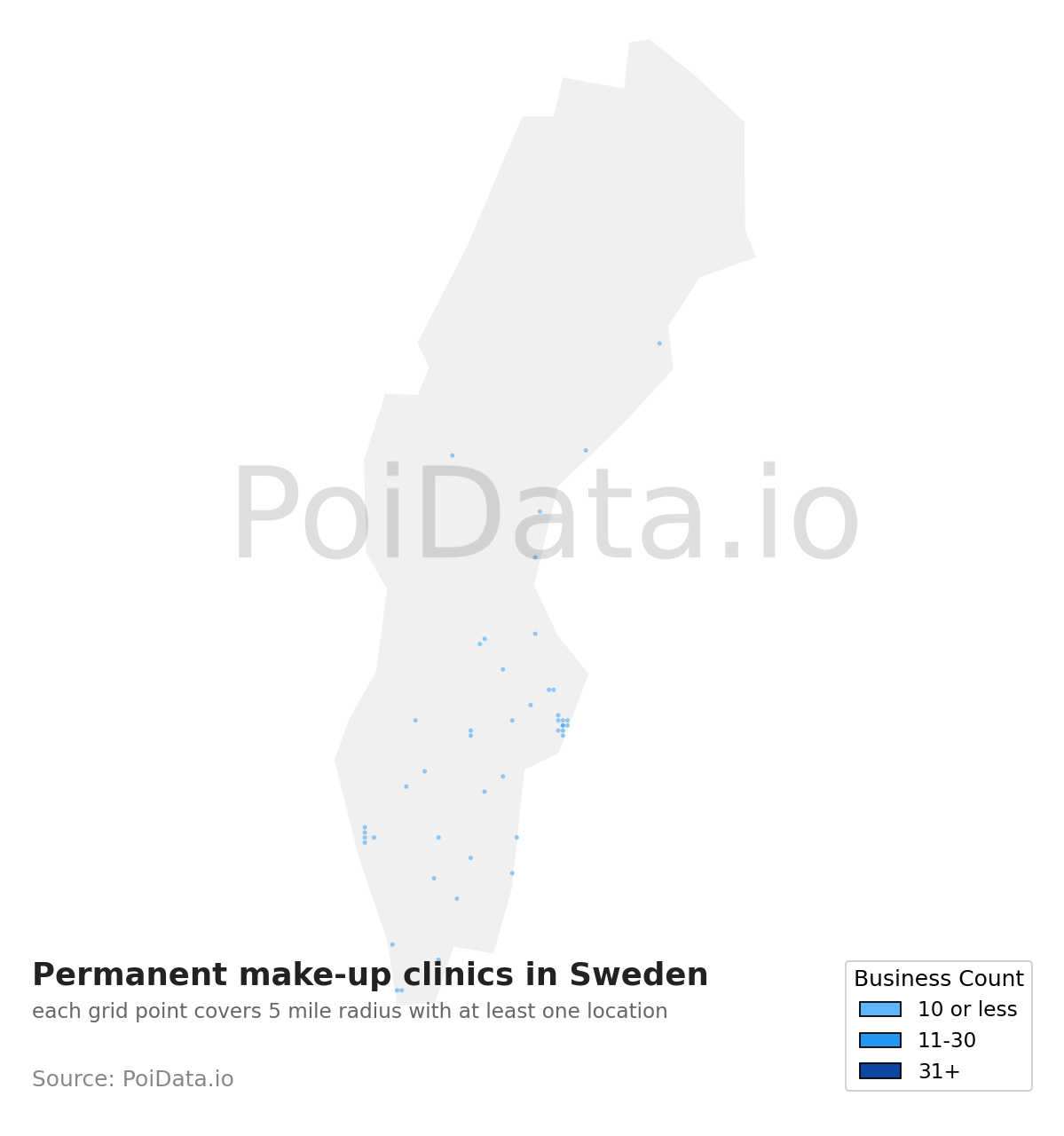 Permanent make-up clinic density map for Sweden
