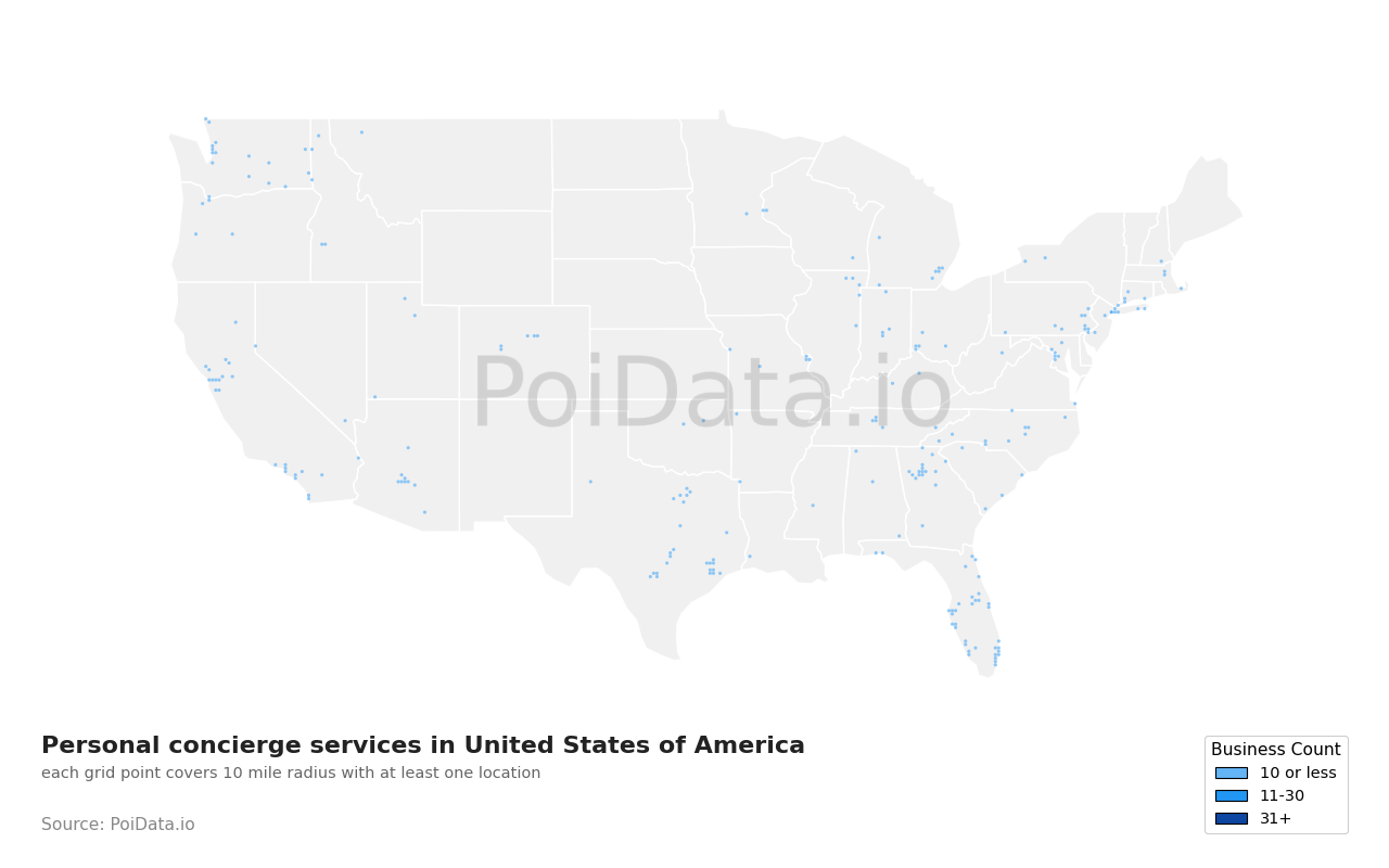 Personal concierge service density map for United States