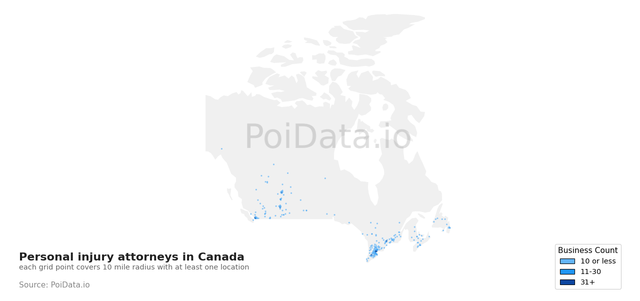Personal injury attorney density map for Newfoundland and Labrador, Canada