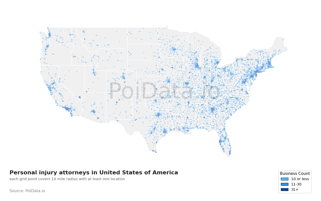 Personal injury attorney density map for Massachusetts, United States