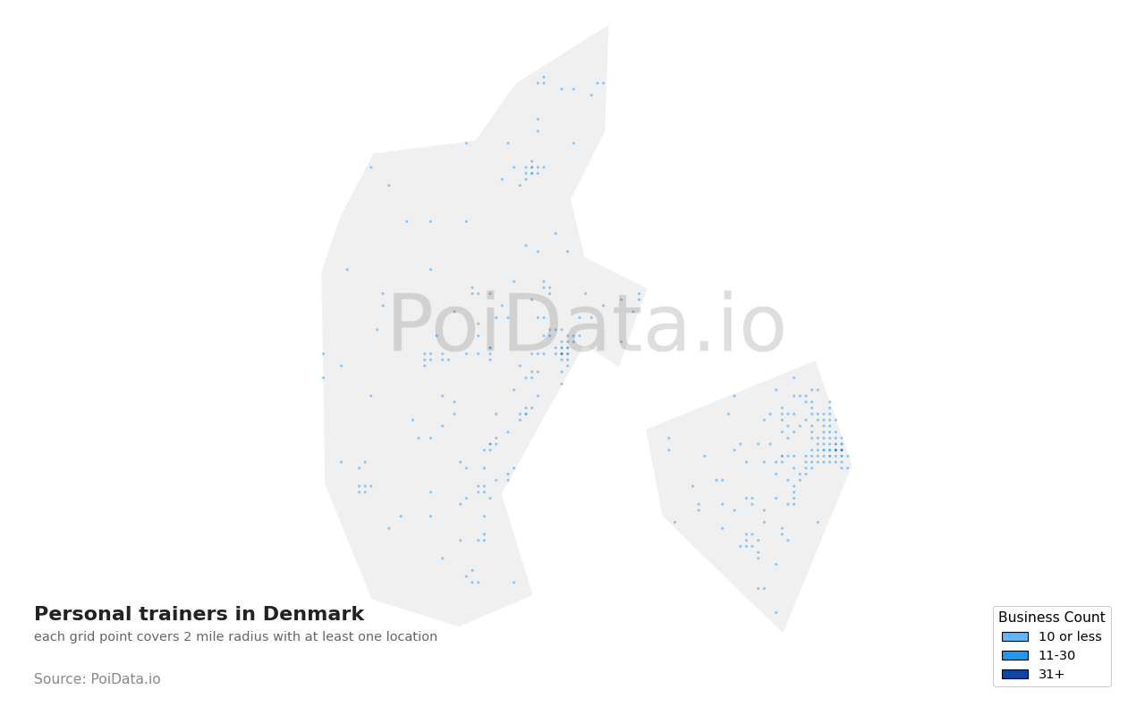 Personal trainer density map for Denmark