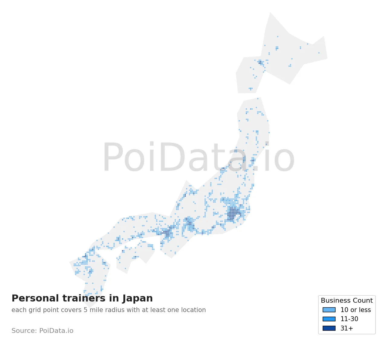 Personal trainer density map for Japan