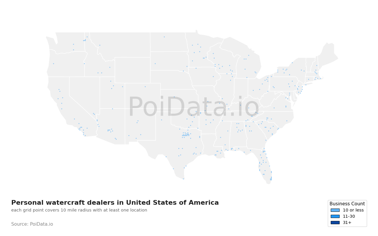 Personal watercraft dealer density map for Tennessee, United States