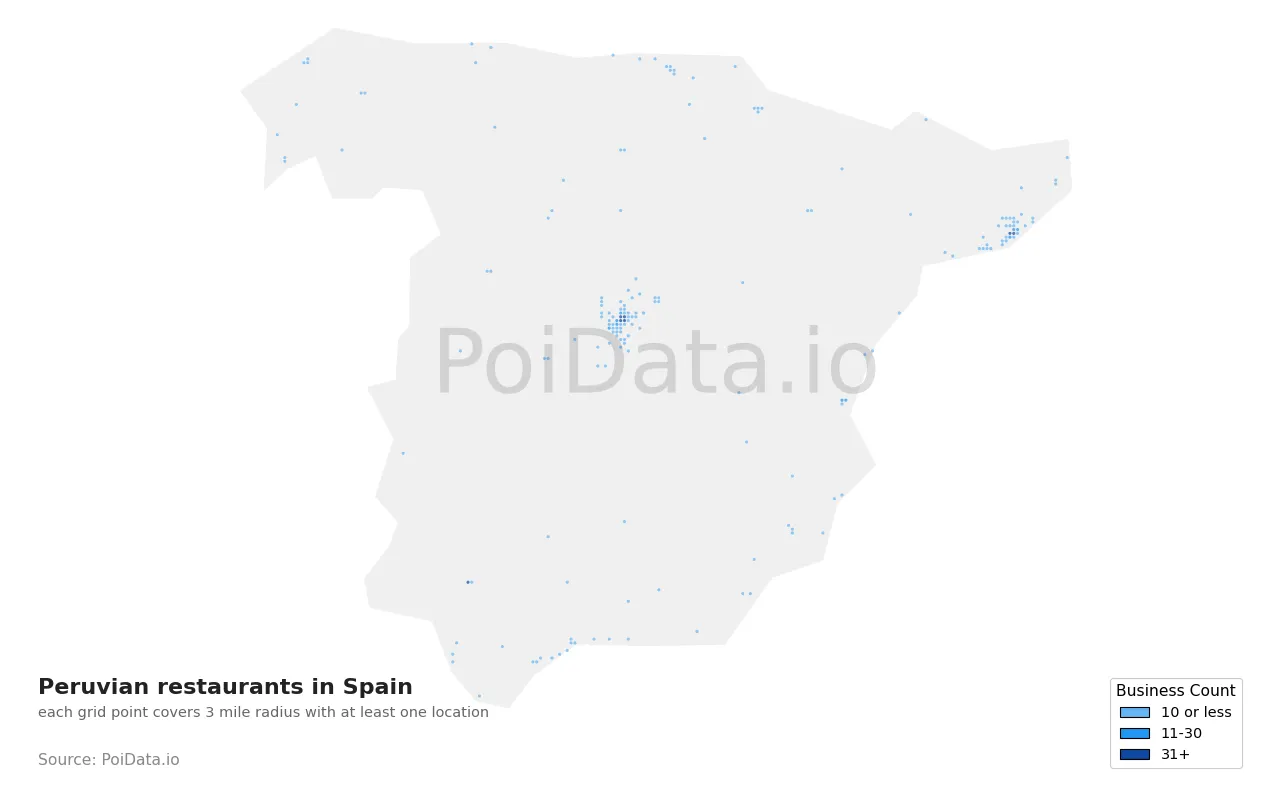 Peruvian restaurant density map for Spain