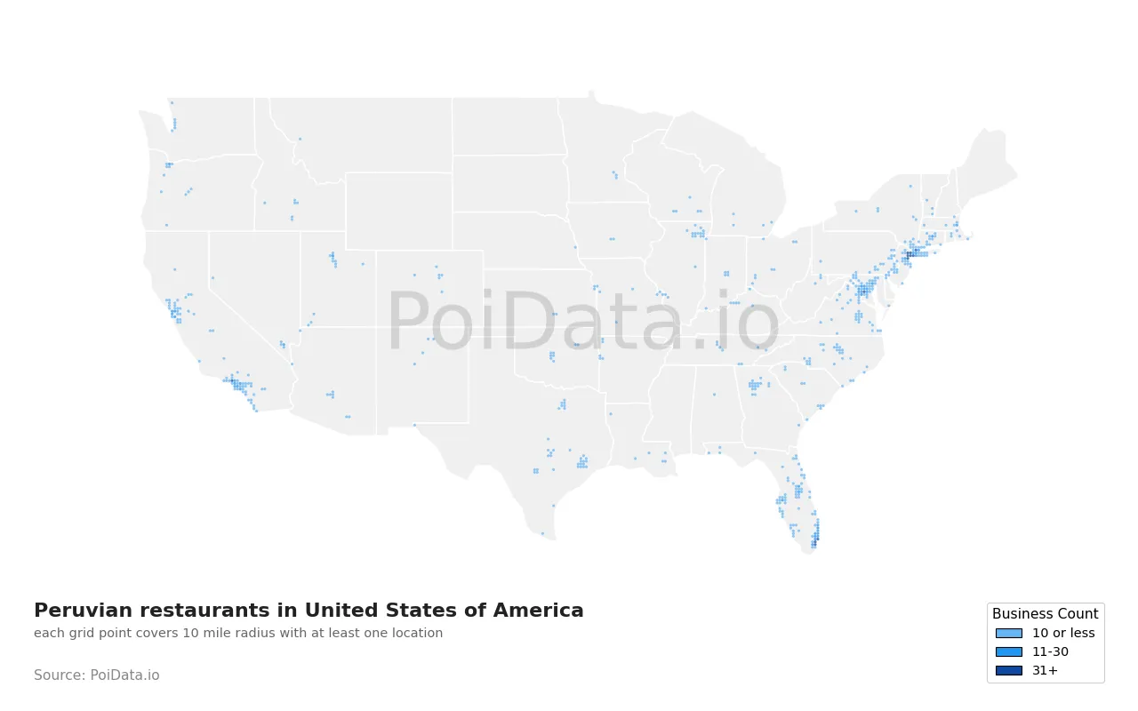 Peruvian restaurant density map for United States