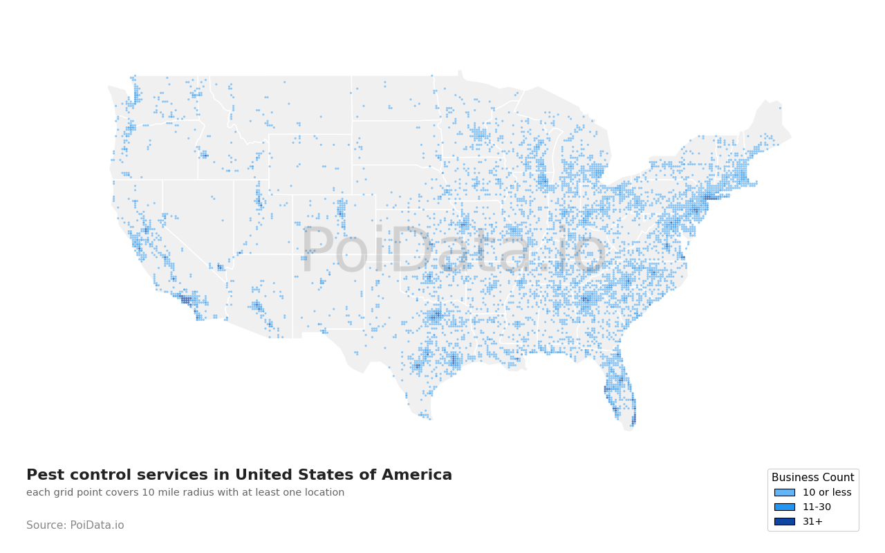 Pest control service density map for Pennsylvania, United States