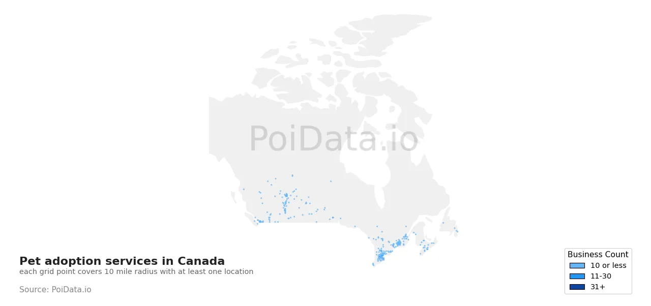 Pet adoption service density map for Canada