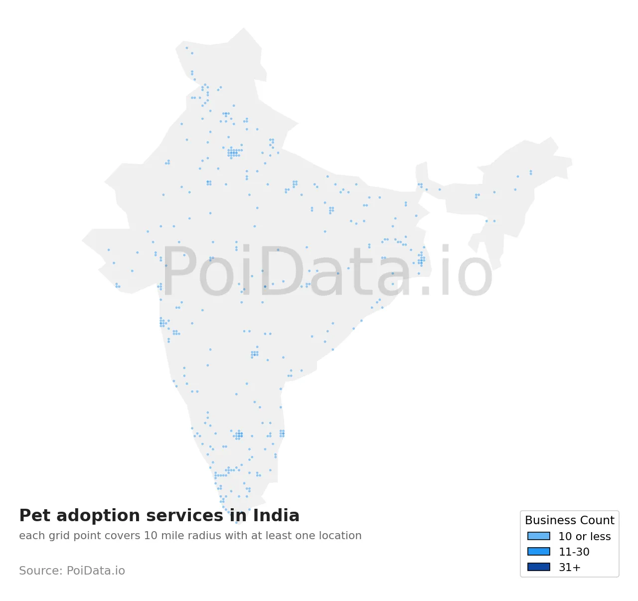 Pet adoption service density map for India
