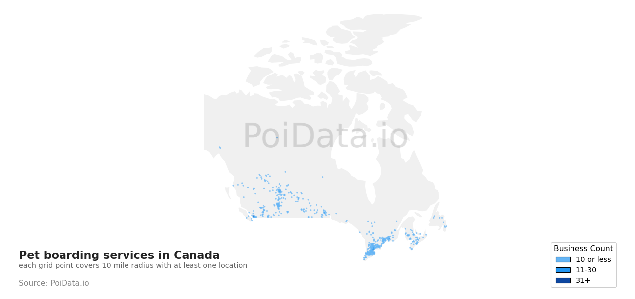 Pet boarding service density map for Canada