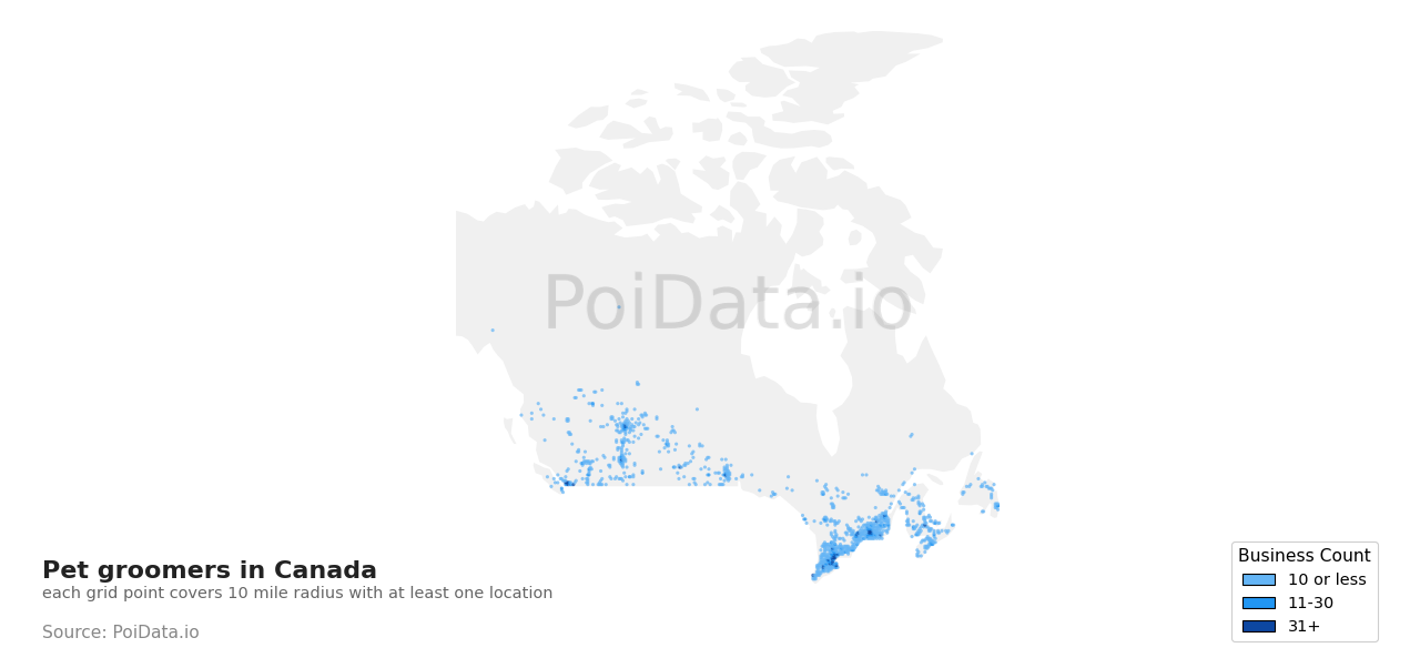 Pet groomer density map for Ontario, Canada