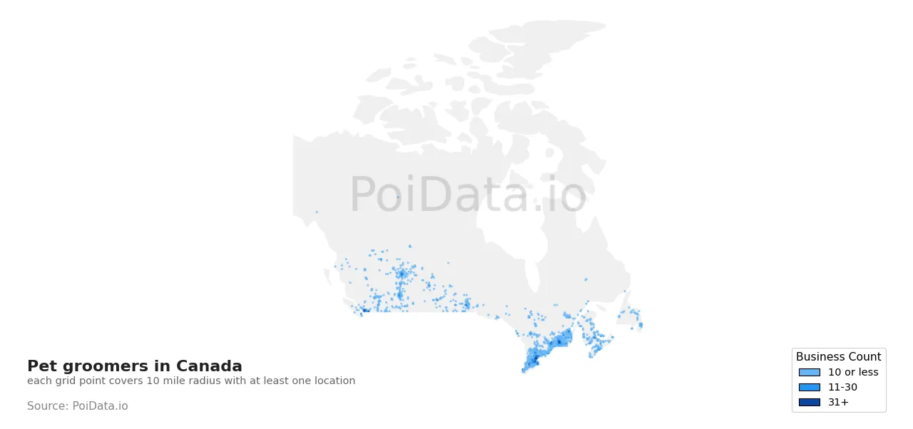 Pet groomer density map for Canada