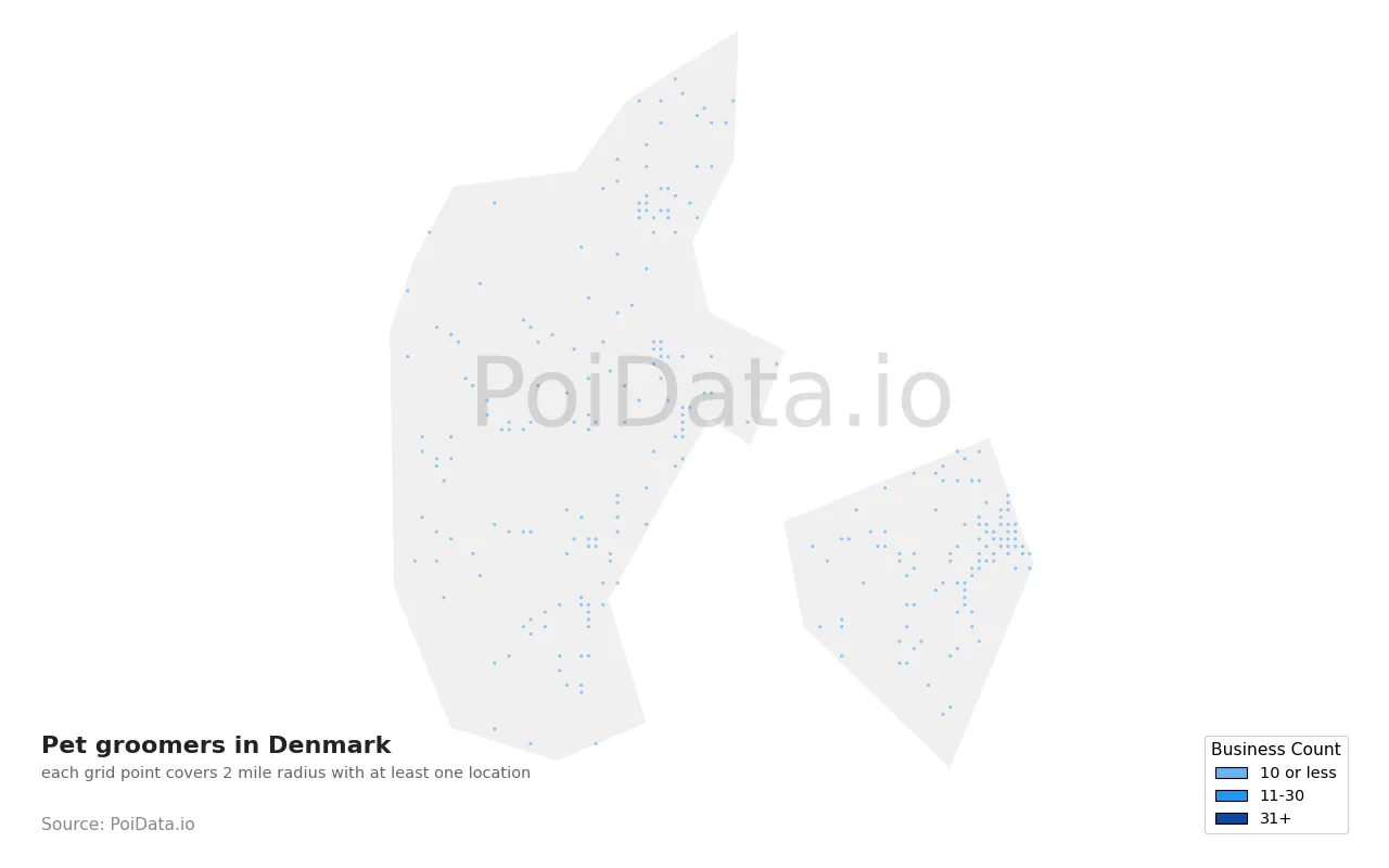 Pet groomer density map for Denmark